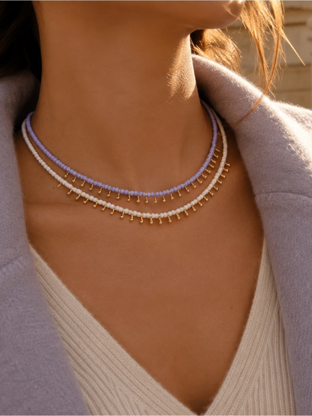Purple White Seed Bead Gold Tone Teardrop Necklace Set of 2